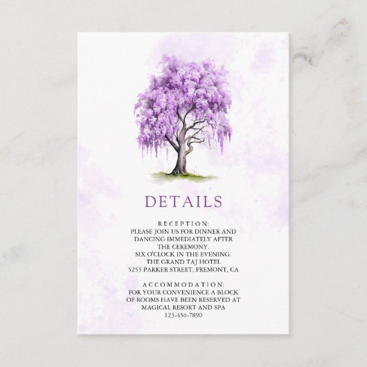 Purple Wisteria Floral Tree Wedding Details エンクロージャーカード (正面)