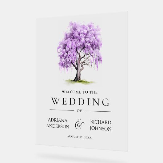 Purple Wisteria Floral Tree Wedding Welcome Sign アクリルサイン (傾斜)
