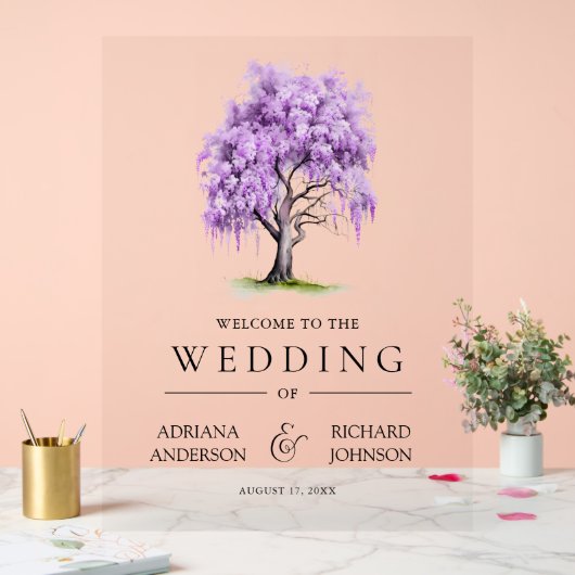 Purple Wisteria Floral Tree Wedding Welcome Sign アクリルサイン (ウェディング)