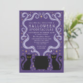 Purple Witchy Black Cat Cauldron Halloween Party 招待状 (スタンド正面)