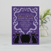 Purple Witchy Black Cat Cauldron Halloween Party 箔招待状 (立ち正面)