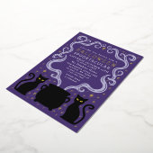 Purple Witchy Black Cat Cauldron Halloween Party 箔招待状 (回転した状態)