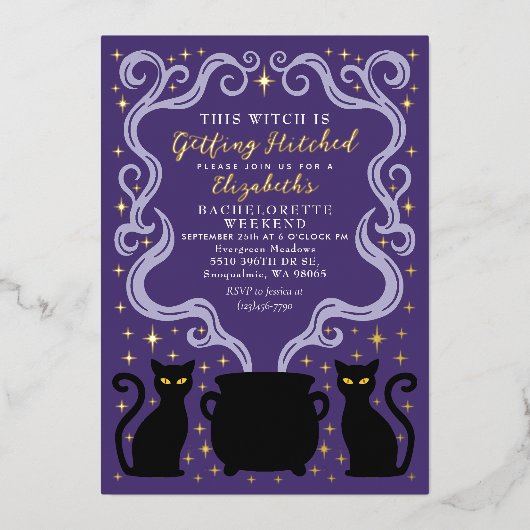Purple Witchy Getting Hitched Bachelorette Weekend 箔招待状 (正面)