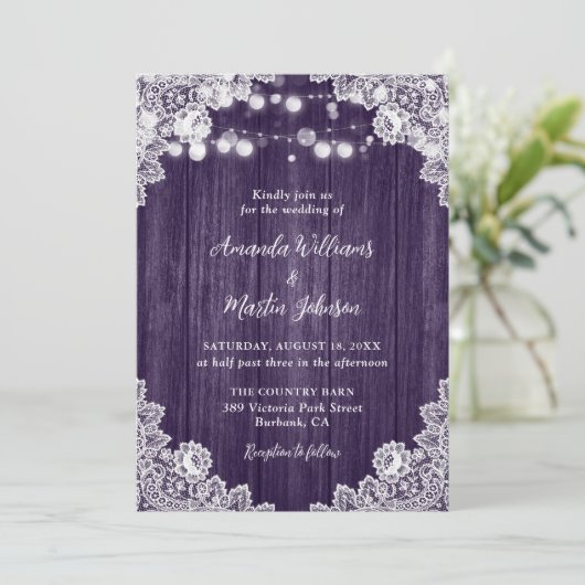 Purple Wood Floral Lace Romantic Rustic Wedding 招待状 (スタンド正面)
