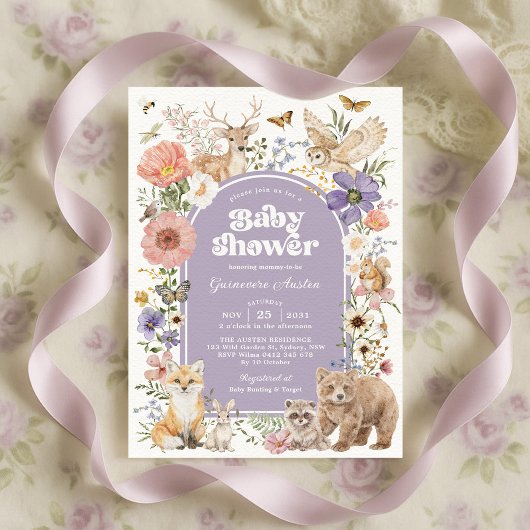 Purple Woodland Animals Wildflower Baby Shower 招待状
