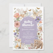Purple Woodland Animals Wildflower Baby Shower 招待状 (正面)
