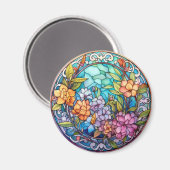 Purple & Yellow Floral Faux Stained-Glass マグネット (正面/裏面)