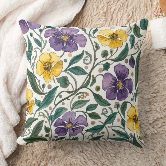 Purple Yellow Flowers Pattern, Modern,Elegant クッション (ブランケット)