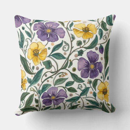 Purple Yellow Flowers Pattern, Modern,Elegant クッション (裏面)