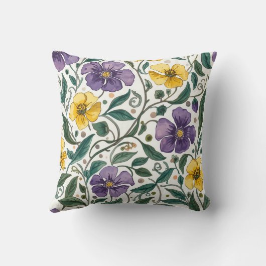 Purple Yellow Flowers Pattern, Modern,Elegant クッション (裏面)