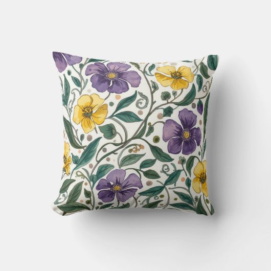 Purple Yellow Flowers Pattern, Modern,Elegant クッション (正面)