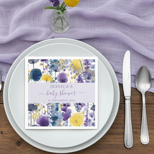 Purple Yellow Watercolor Wildflower Baby Shower スタンダードカクテルナプキン