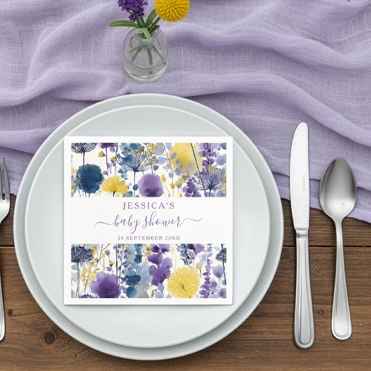 Purple Yellow Watercolor Wildflower Baby Shower スタンダードカクテルナプキン