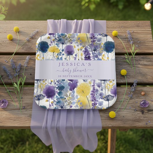 Purple Yellow Watercolor Wildflower Baby Shower ペーパープレート