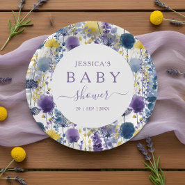 Purple Yellow Watercolor Wildflower Baby Shower ペーパープレート
