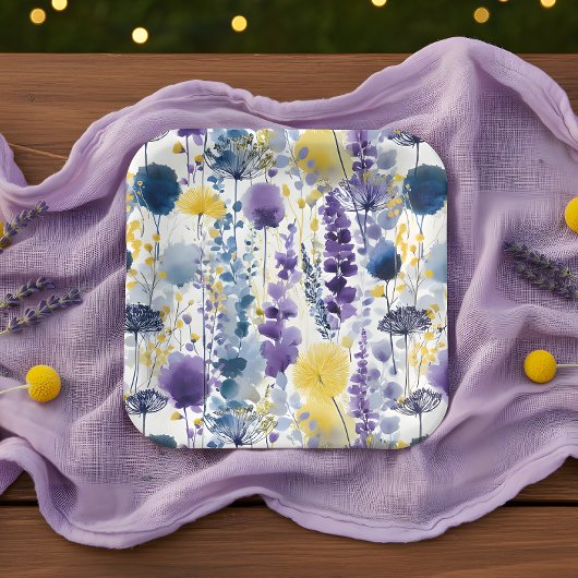 Purple Yellow Watercolor Wildflower Baby Shower ペーパープレート