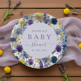 Purple Yellow Watercolor Wildflower Baby Shower ペーパープレート