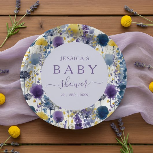 Purple Yellow Watercolor Wildflower Baby Shower ペーパープレート