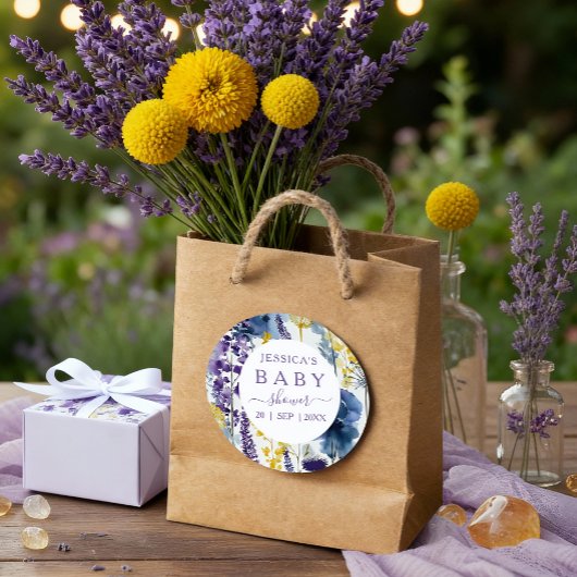 Purple Yellow Watercolor Wildflower Baby Shower ラウンドシール