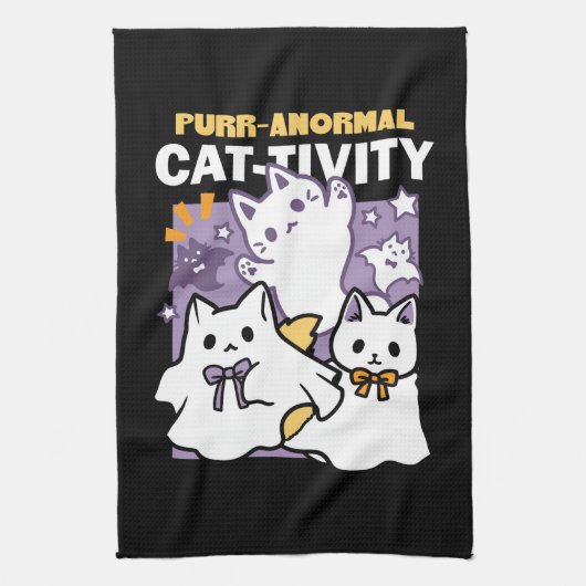 Purr-anormal Cat-tivity – ハロウィーンキャットデザイン キッチンタオル (縦)