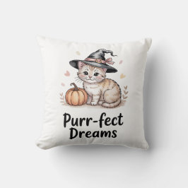 Purr-fect Dreams Cute Cat with Pumpkin Halloween クッション