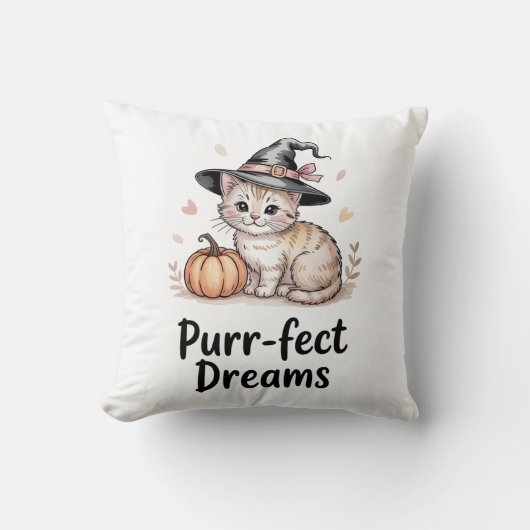 Purr-fect Dreams Cute Cat with Pumpkin Halloween クッション (正面)