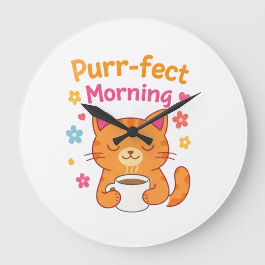 Purr-fect Morning Cat Coffee Mug – Cute Cat Lover  ラージ壁時計 (正面)