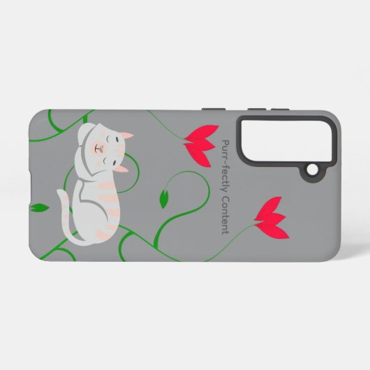 Purr-fectly Content Pink Cat Galaxy Case – Gray Samsung Galaxyケース (裏面横)