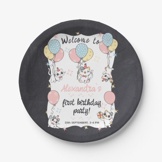 Purr-fecutly One: Catテーマ1歳の誕生日パーティー ペーパープレート (正面)