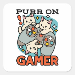 Purr On Gamer – かわいいキャットゲームデザイン スクエアシール