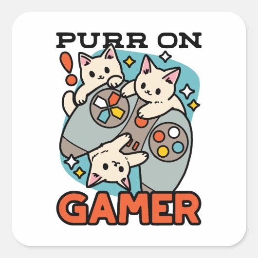 Purr On Gamer – かわいいキャットゲームデザイン スクエアシール (正面)