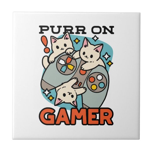 Purr On Gamer – かわいいキャットゲームデザイン タイル (正面)
