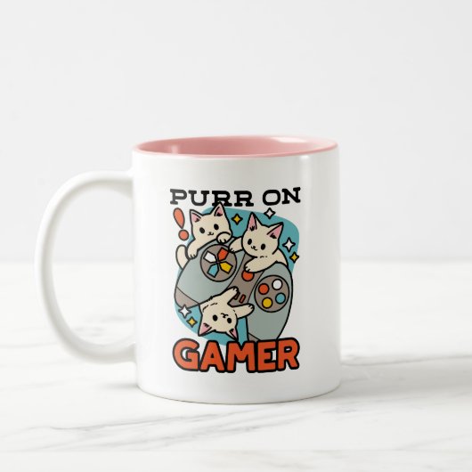 Purr On Gamer – かわいいキャットゲームデザイン ツートーンマグカップ (左)