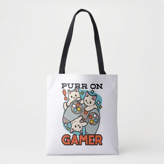 Purr On Gamer – かわいいキャットゲームデザイン トートバッグ (正面)