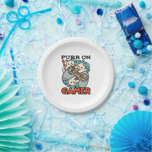 Purr On Gamer – かわいいキャットゲームデザイン ペーパープレート (パーティー)