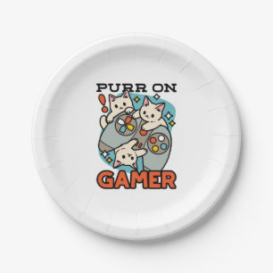 Purr On Gamer – かわいいキャットゲームデザイン ペーパープレート
