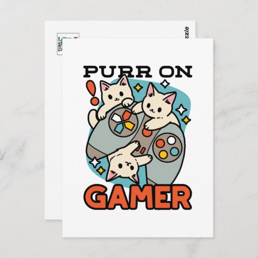 Purr On Gamer – かわいいキャットゲームデザイン ポストカード (正面/裏面)