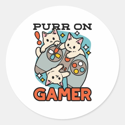 Purr On Gamer – かわいいキャットゲームデザイン ラウンドシール (正面)