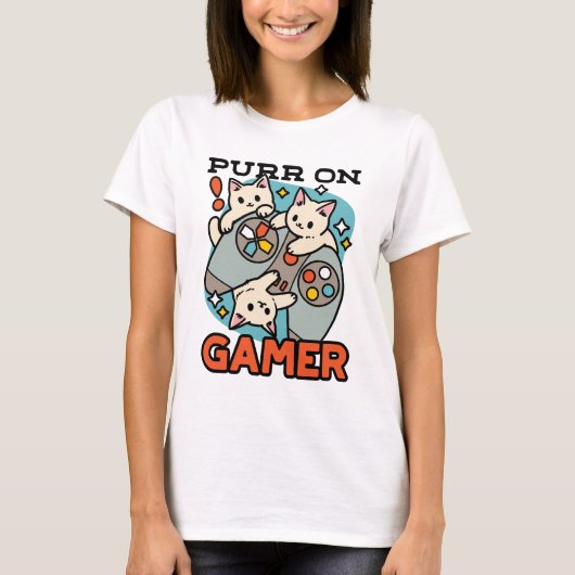 Purr On Gamer – かわいいキャットゲームデザイン Tシャツ (正面)