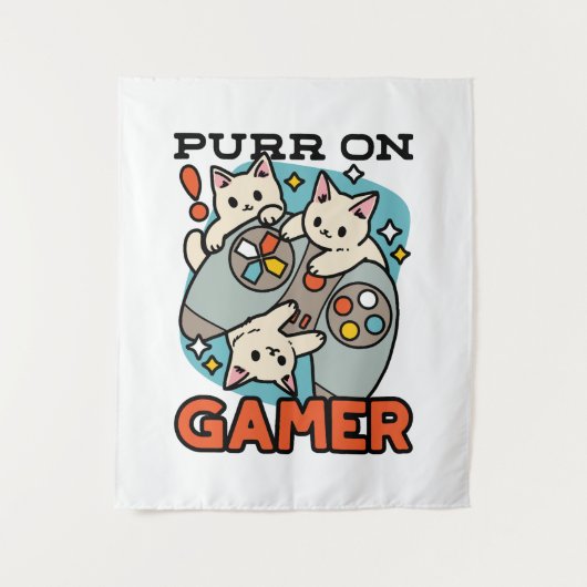 Purr On Gamer - かわいい猫のゲーミングデザイン タペストリー (正面)