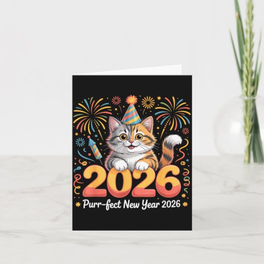 Purrfect New Year 2026 Cute Cat Fireworks Celebrat カード (正面)