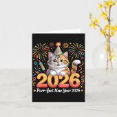 Purrfect New Year 2026 Cute Cat Fireworks Celebrat カード (黄色い花)