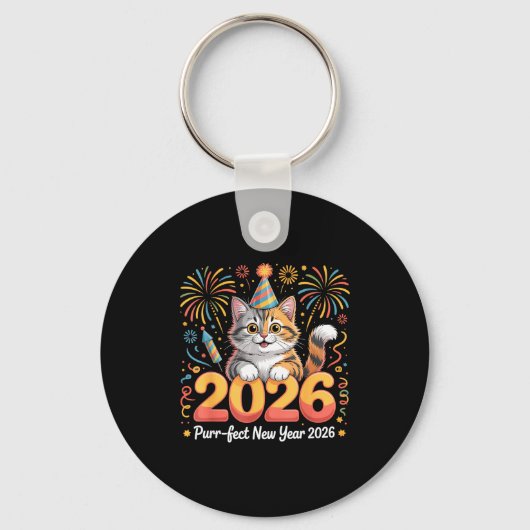 Purrfect New Year 2026 Cute Cat Fireworks Celebrat キーホルダー (正面)