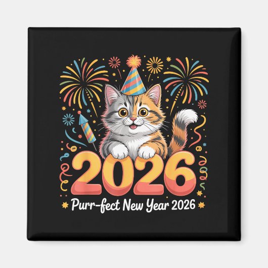 Purrfect New Year 2026 Cute Cat Fireworks Celebrat マグネット (正面)