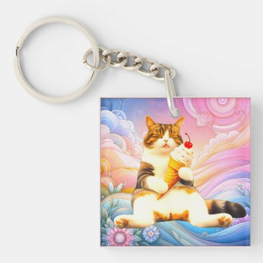 Purrfectly Asleep – Cat Holding Ice Cream Cone キーホルダー (正面)