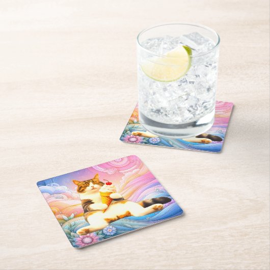 Purrfectly Asleep – Cat Holding Ice Cream Cone スクエアペーパーコースター (インサイチュ)