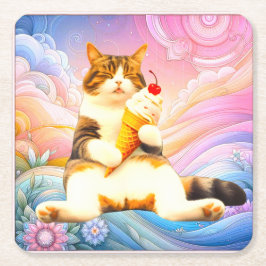 Purrfectly Asleep – Cat Holding Ice Cream Cone スクエアペーパーコースター