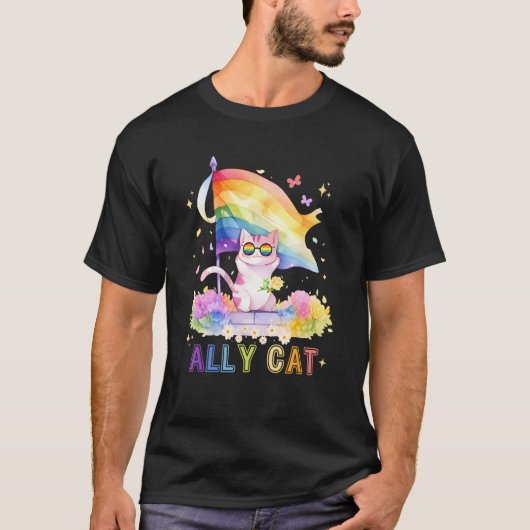 Purride LBGT Proud Ally Cat Rainbow Flag  LGBTQ Pr Tシャツ (正面)