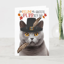 PURRkey Dayに感謝するイギリスのグレイ猫ネコ シーズンカード
