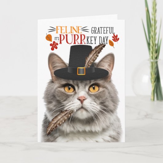 PURRkey Dayに感謝する灰色の大理石の猫ネコ シーズンカード (正面)
